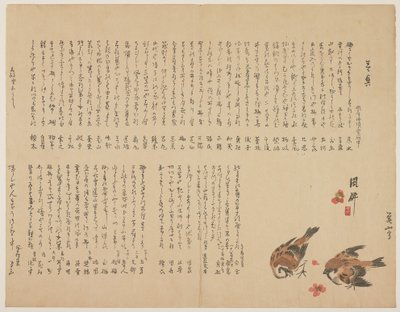 Moineaux et fleurs de prunier, 1823 (impression sur bois en couleur) - Yokoyama Kazan